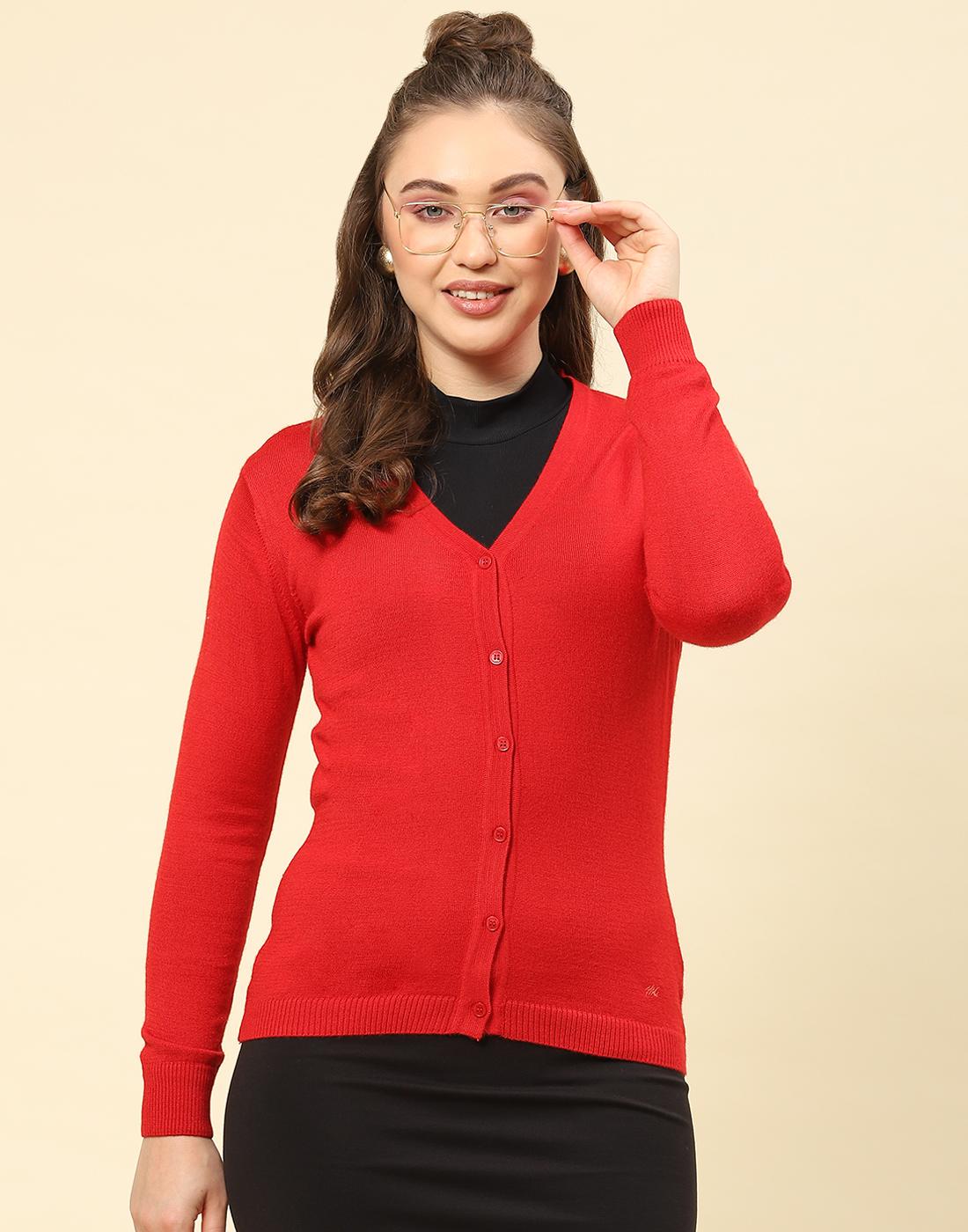

Monte Carlo Womens Red Solid V Neck Full Sleeve Cardigan 2XL красный