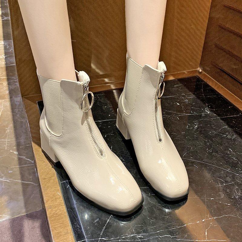 

2024 обувь высокого качества, женские женские ботинки на молнии спереди, зимние однотонные женские ботинки с квадратным носком, повседневная обувь на массивном каблуке с коротким бочонком