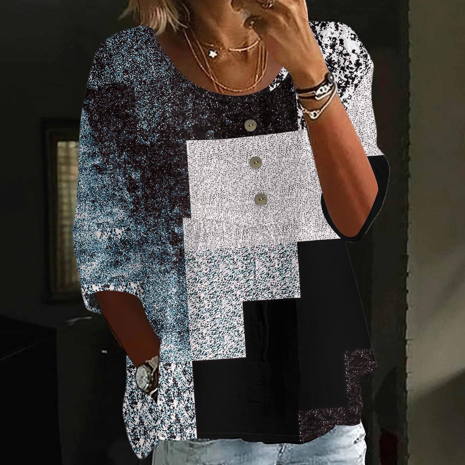 

Женский повседневный модный топ с рукавом три четверти, свободного кроя, с круглым вырезом, на пуговицах, в клетку S тёмно-синий