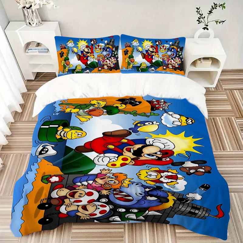 Super Mario Adventure Printed 3pcs Bedding Set Soft Microfiber 1 Duvet Cover And 2 Pillowcases Home Bedroom Decor Xmas Gift K1780