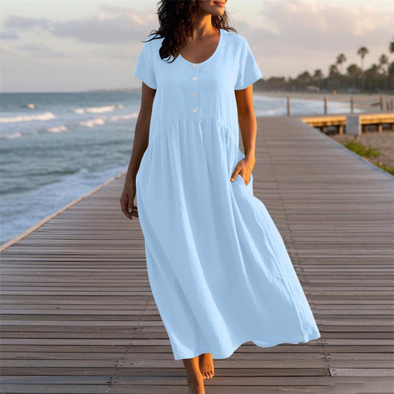 

Women s U-Neck Button Front Short Sleeve Linen Maxi Dress Solid Color Casual Summer S синий