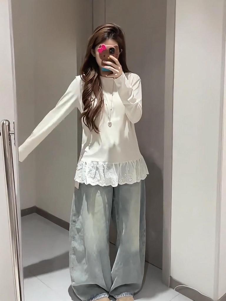 Korean Style Layered Fleece Long-Sleeve T-Shirt with Lace Trim, Round Neck, Regular Shoulder, Loose Fit, Autumn/Winter.