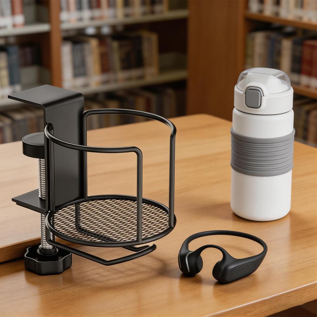 2-in-1 Table Cup Holder Tabletop Drinks Organizer With Headphone Hanger Adjustable Clip On Cup Bottle Placement Rack