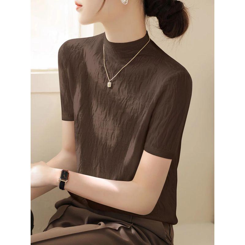 

Топ-водолазка с коротким рукавом, облегающий, трикотажный, женская одежда, лето, новый поступление, модный, для носки под низ, текстурный, топ из ледяного шелка, тонкий