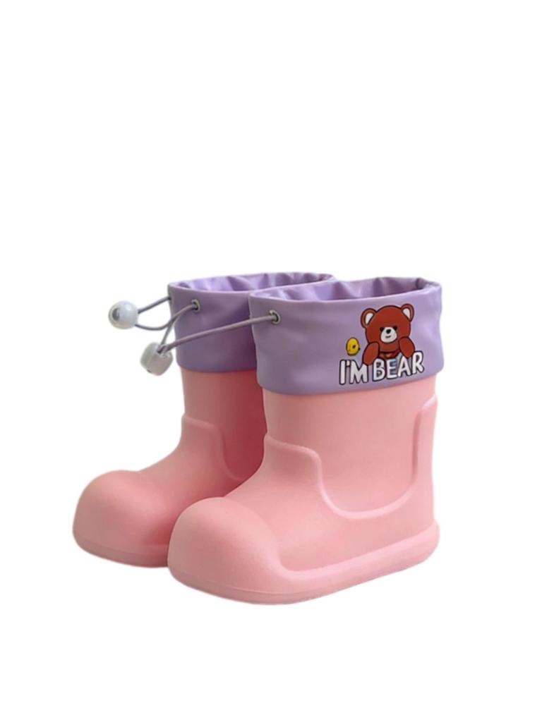 Pink Macaron Bear Pattern Kids' Non-Slip Waterproof Rain Boots - Cute and Soft for Babies and Kindergarteners