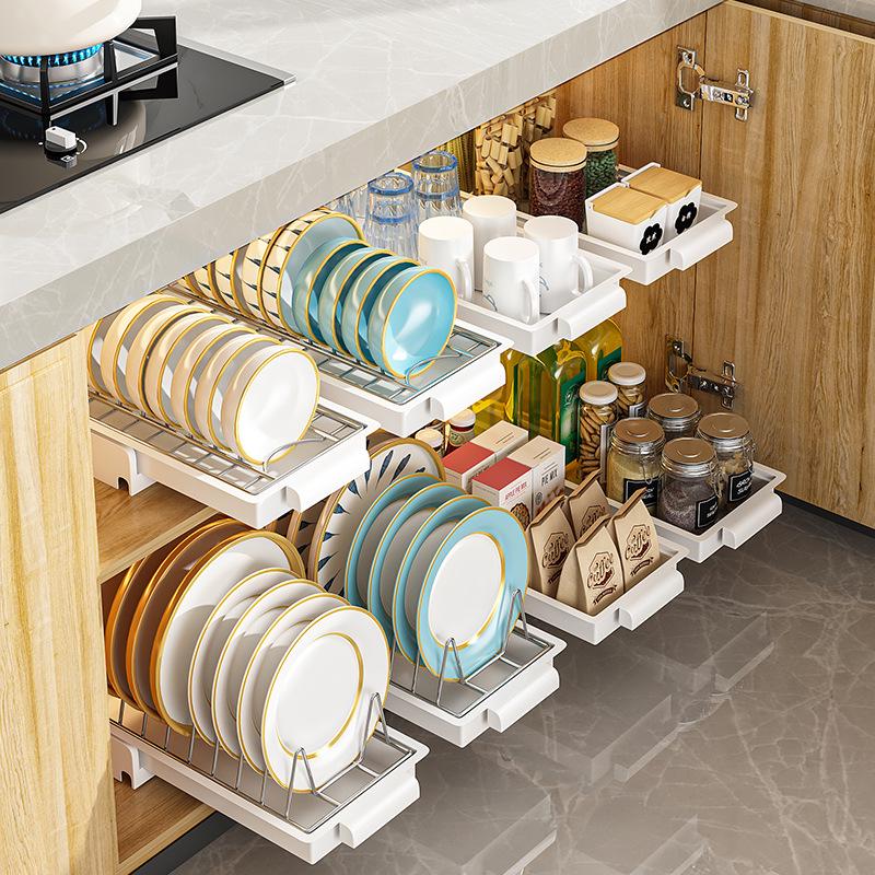 Tiered In-Cabinet Pull-Out Dish Rack for Plates and Bowls