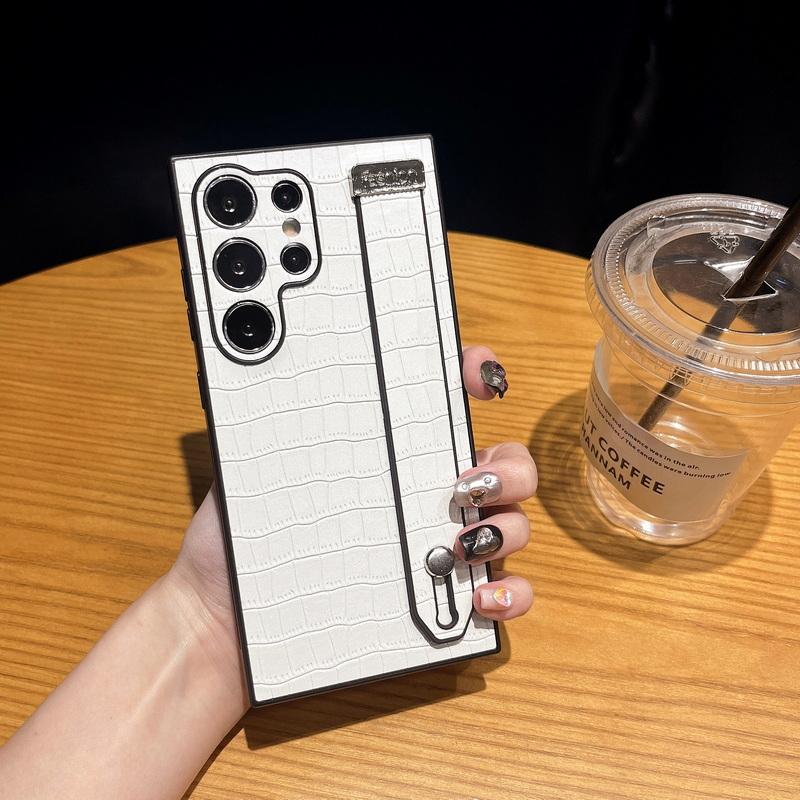 

Чехол для Samsung Galaxy S24 Plus S23 S22 Ultra, роскошный противоударный чехол с крокодиловым принтом, простой кожаный ремешок на запястье, чехол для телефона Samsung S23 Ultra белый