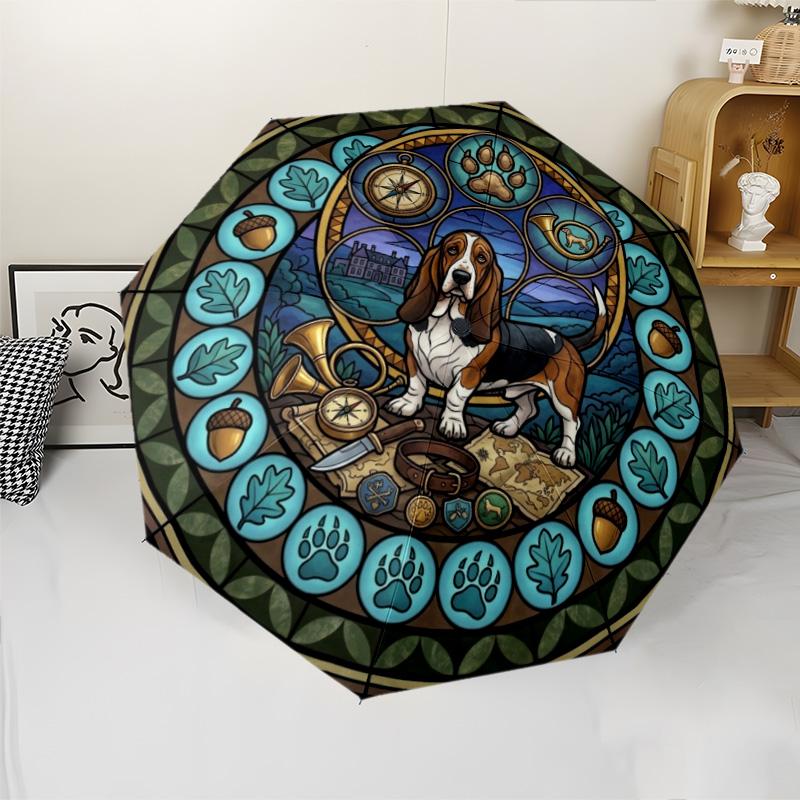 Glass Adventure Dog pattern umbrella, portable and foldable design, 8 ribs, a casual accessory for Halloween, Christmas, and birthday gifts.