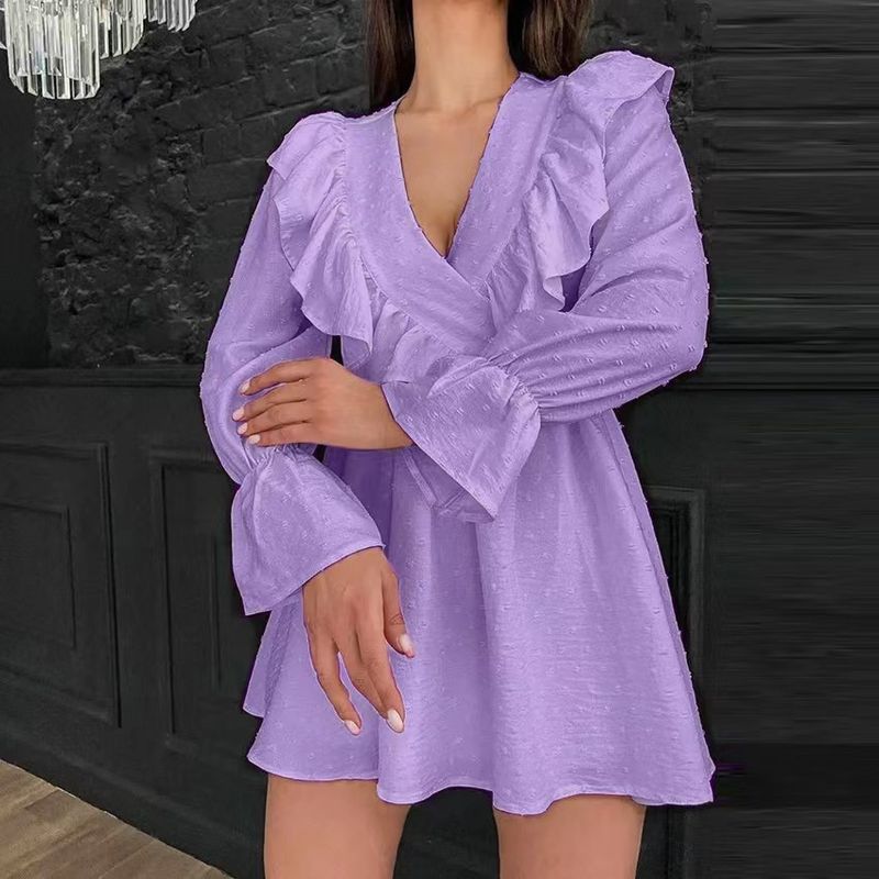 Fashion Elegant Ruffle Dress V-neck Puff Sleeve A- line Skirt V-neck Bubble Sleeve Dress