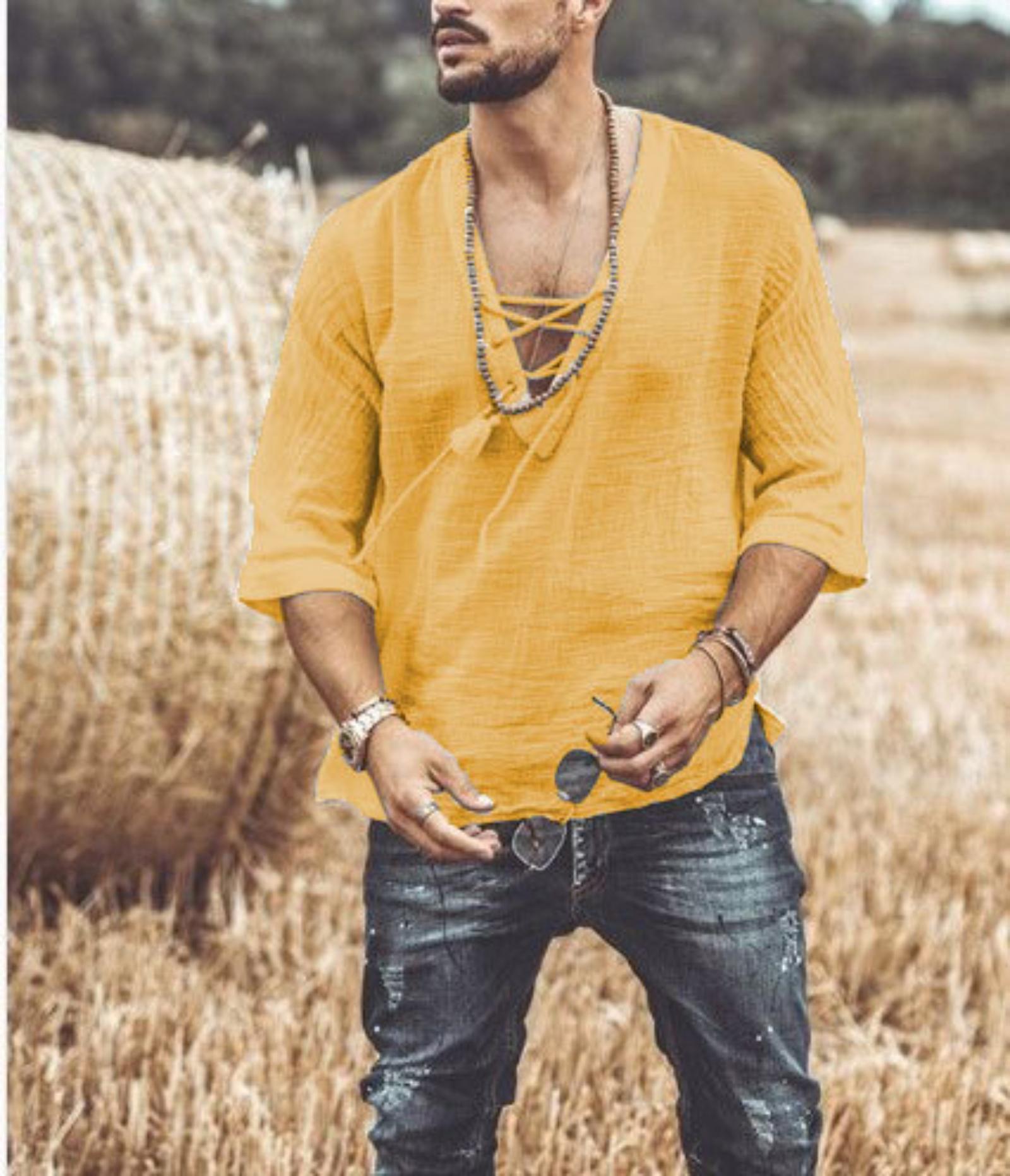 

Men s Color Mid-Length Sleeve V-Neck T-Shirt With Chest Tie XXXXXL жовтий