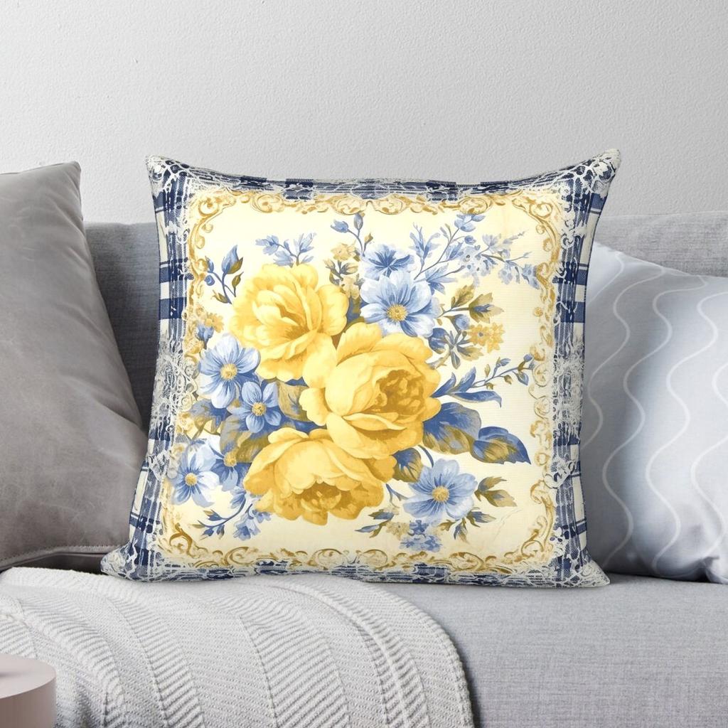 Yellow Rose Country Farmhouse Square Pillowcase Polyester Linen Velvet Pattern Zip Decor Room Cushion Cover X
