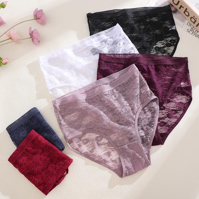 4 Stück Damen Spitzen-Slips Hohe Taille Sexy Unterwäsche Transparent Damen Unterhosen Enganliegend Übergröße Slips S-XXL