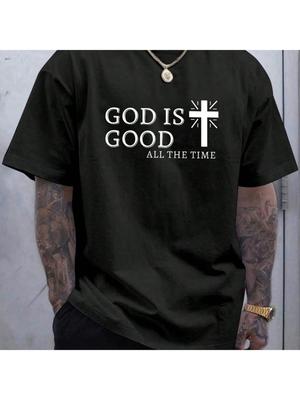 T-shirt Grafica da Uomo 'God is Good' - T-shirt Nera Casual in Cotone con Stampa Croce,