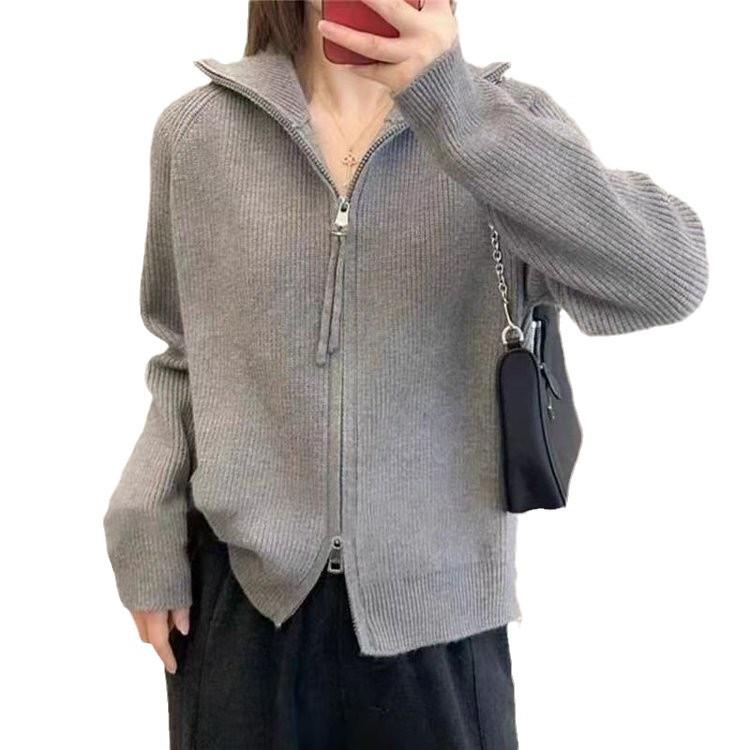 Women's High-End Stand-Up Collar Double Zipper Cardigan Jacket - 2024 Autumn/Winter Thick Knit Sweater Style