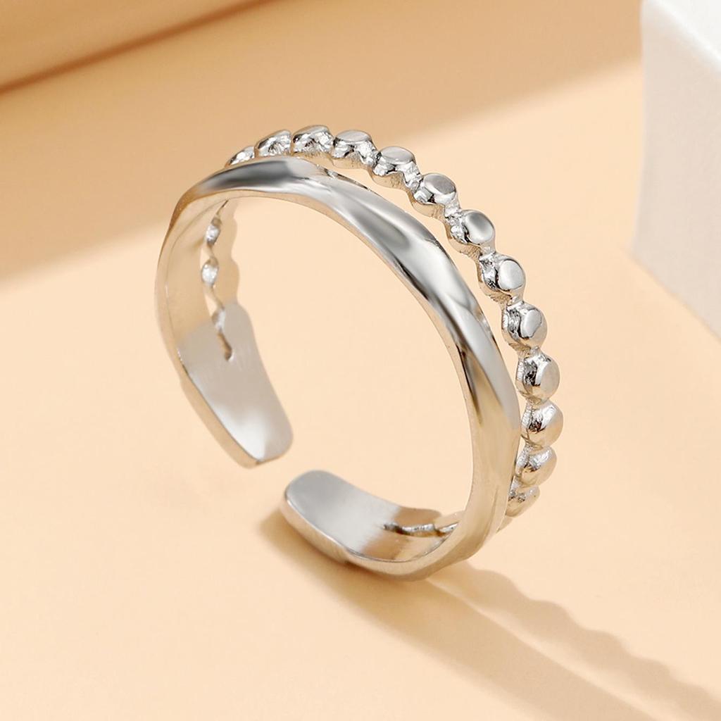 Elegant Stainless Steel Double Layer Irregular Opening Ring for Women - Fashionable European & American Style
