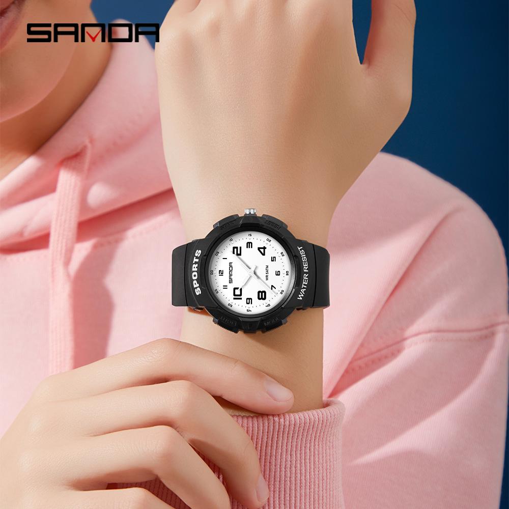 Sanda Trendy Design Soft Student Watch TPU Strap 50M Depth Waterproof Quartz Movement Children Fashion Sports Wrist Watch
