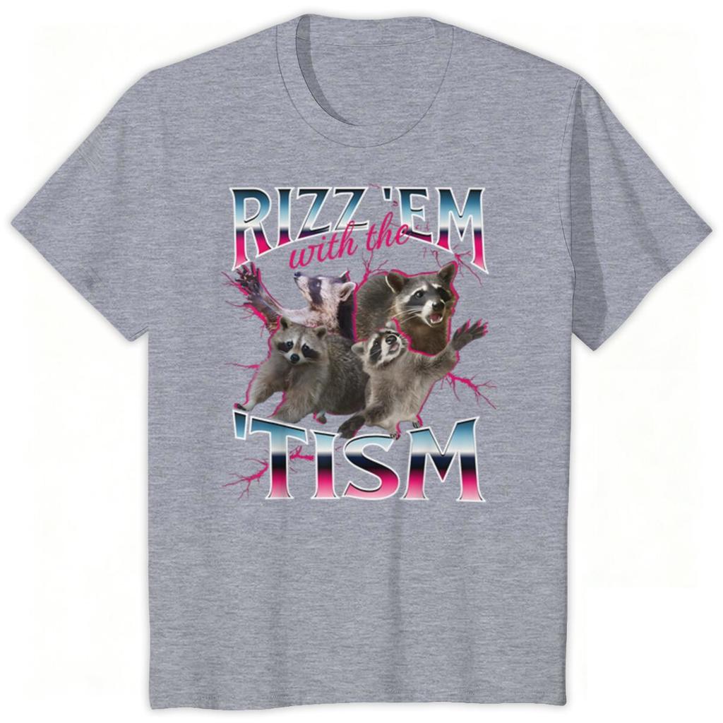 Unisexs Tshirt Rizz Em With The Tism Autism Racoon Print Tees Tops Retro Meme Print Clothes Funny Raccoon Meme Short Sleeve Tee