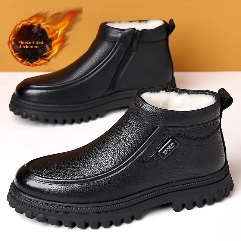 Winter Mens Boots Thick Plush Warm Cotton Shoes Luxury Genuine Leather High-Top Boots Black Business Dess Boot Winter Snow Boots
