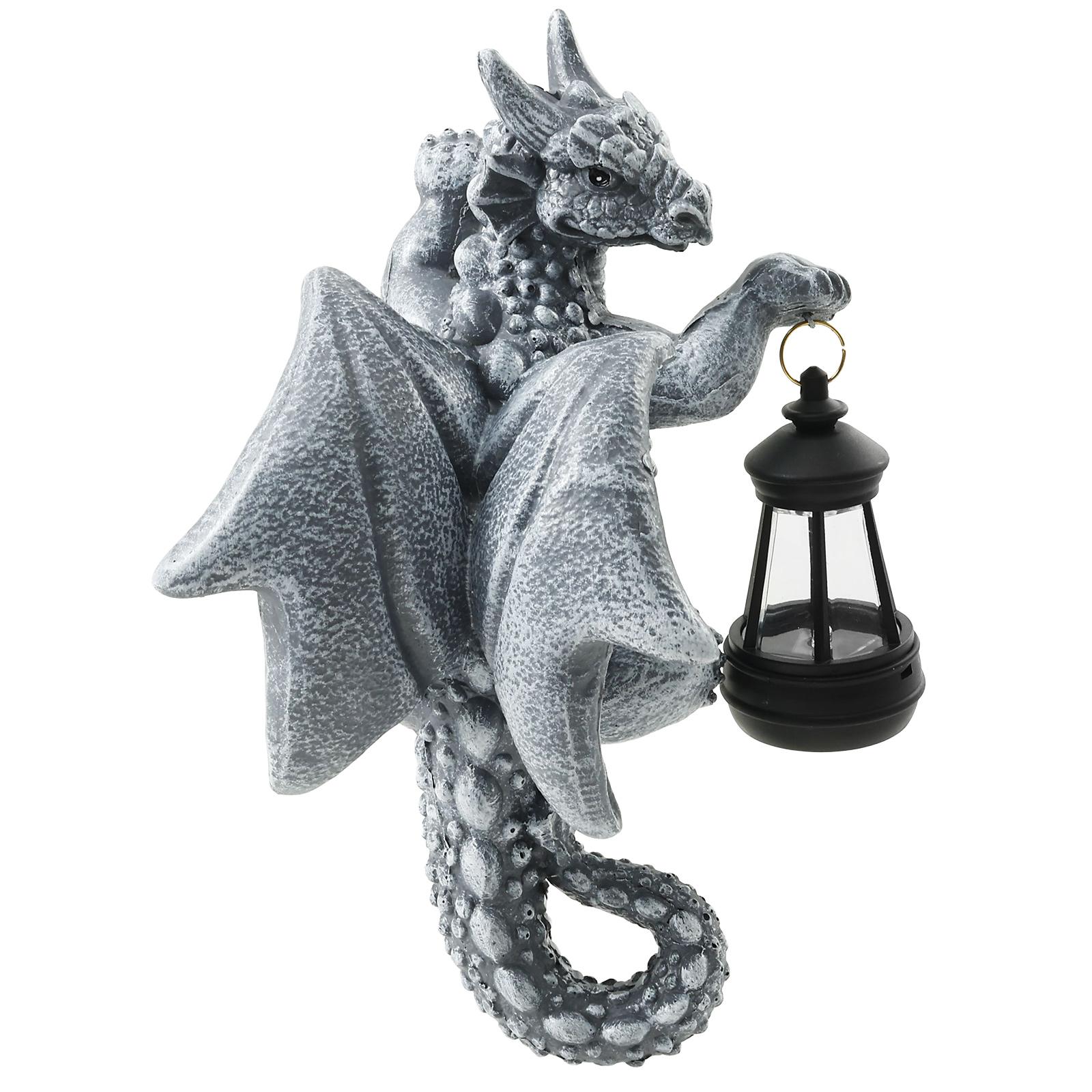 

Фигурка дракона с солнечными огнями из смолы, забавная фигурка дракона, садовое украшение, скульптура для двора для фестиваля, наружный декор серый