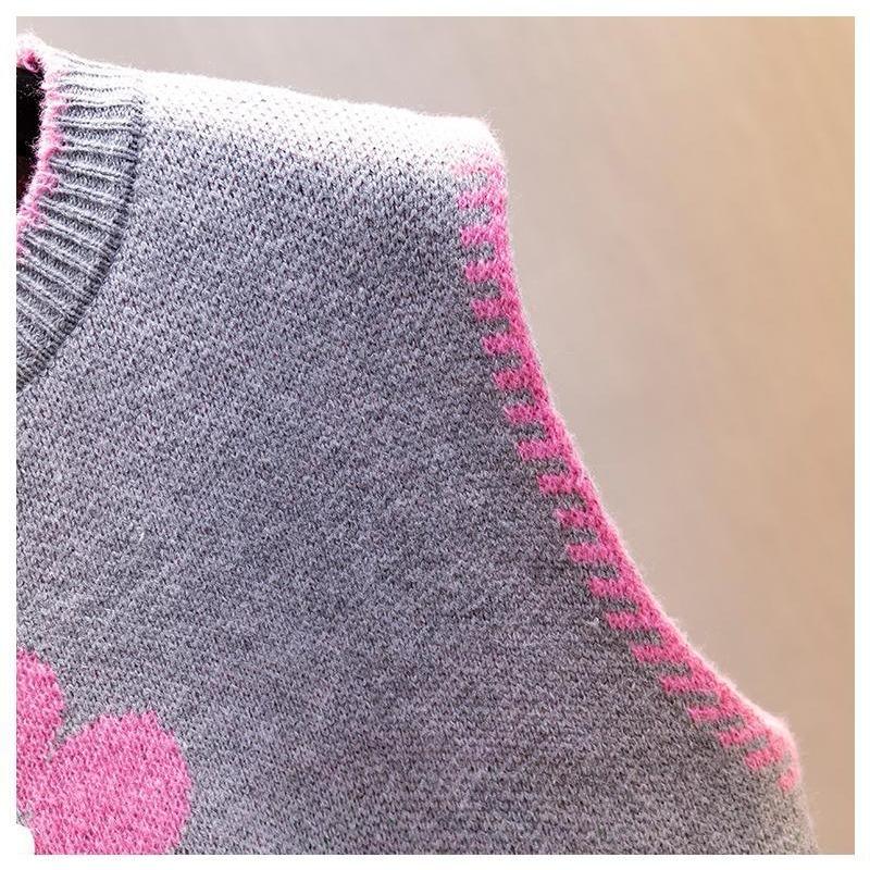 Round Neck Knitted Vest Embroidered Flowers Splicing Color Design Women's Knitted Pullover Sweater Loose Casual Top Autumn