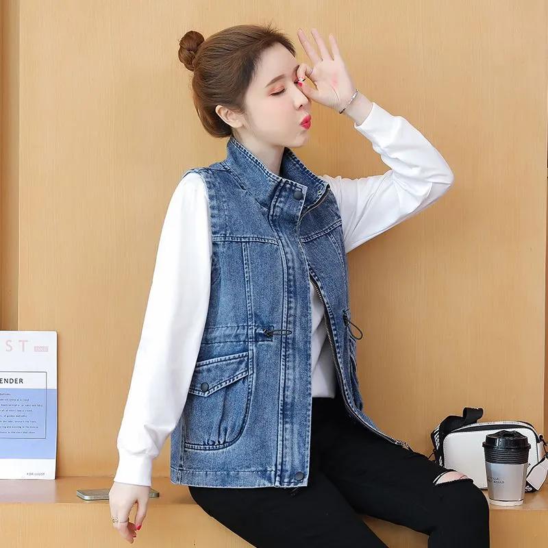 Women's Spring and Autumn Mid-length Drawstring Denim Jacket Solid Color Loose Elegant Top