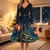 Women's Vintage V-Neck Long Sleeve Christmas Print Casual Dress