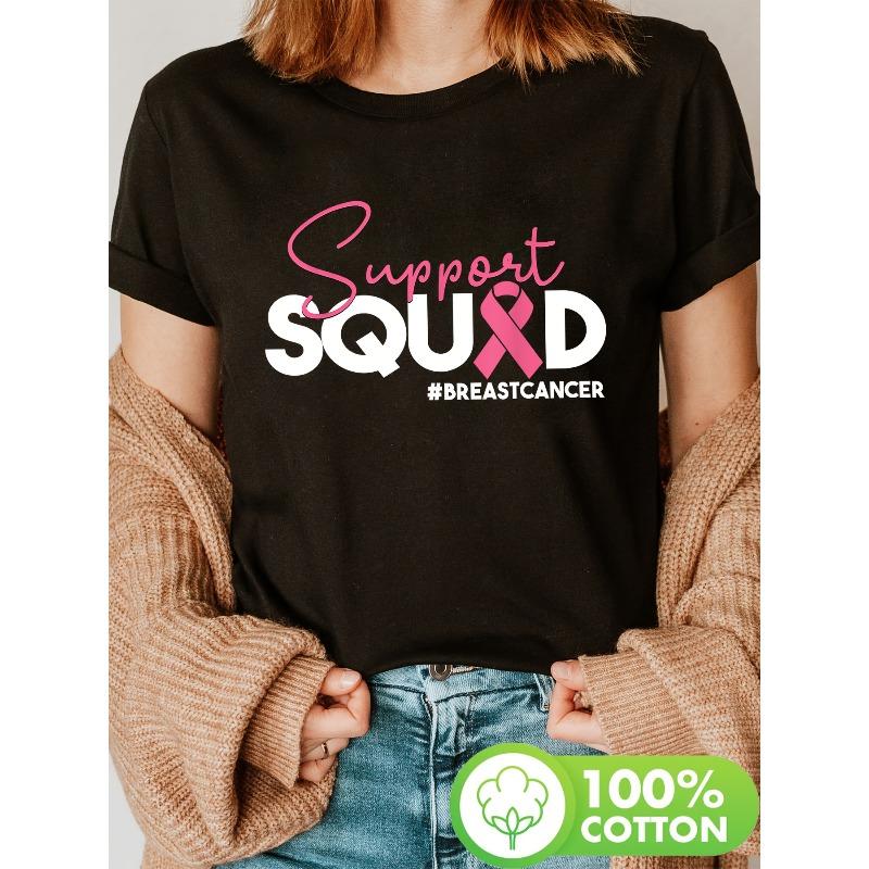 

Fine Connected Script Support, Breast Cancer Support Group Pink Ribbon Gift Print T-Shirt, Short Sleeve Crew Neck Casual Top for Summer & Spring, S чёрный