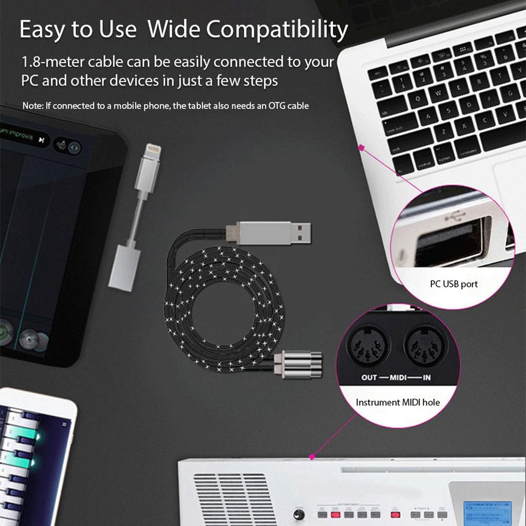 Tremolo MIDI To USB Cable 5.9ft MIDI Cable with Input Output Interface 5 Pin Line Converter PC To Music Electronic