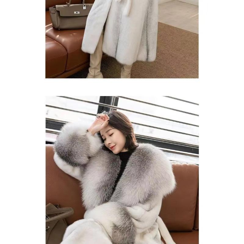 Schicker Nerzmantel Damen Übermantel Herbst Winter Dick Warm Pelzparka Locker Fuchsfellkragen Lange Nerzmäntel