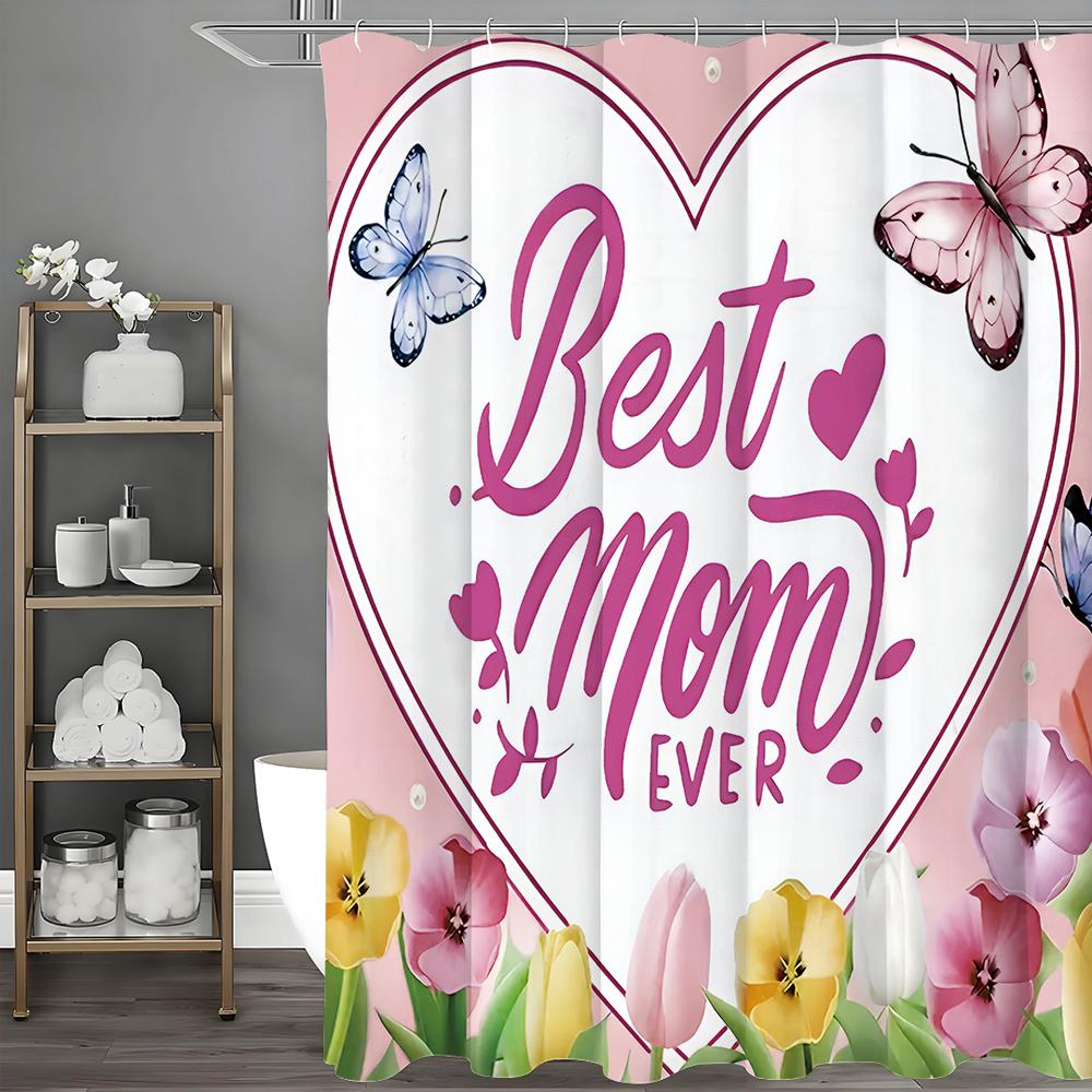 Mother's Day Heartfelt Floral Butterfly Shower Curtain, Bathroom Decorative Shower Curtain, Waterproof Shower Curtain with Hooks