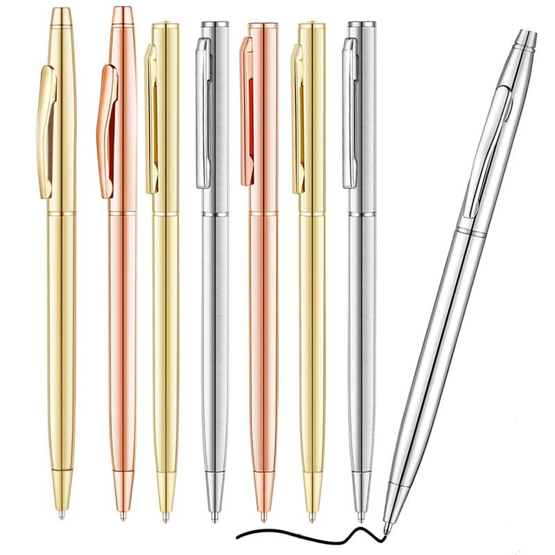 100Pcs/Lot New Slim Metal Ballpoint Pens Rose Gold Silver Advertising High Quality School Office Supplies Free Customized Logo