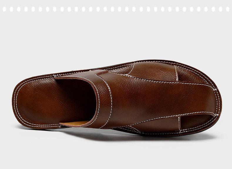 Men's Versatile Genuine Leather Beach Sandals, Sizes 46-47, Soft Sole Cowhide Summer Thong Slippers