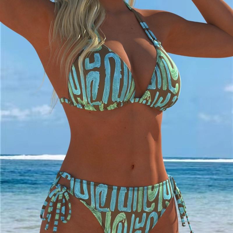 The New European and American Split Printing Splicing Neck Women's Split Swimsuit Bikini Suit Is Sexy