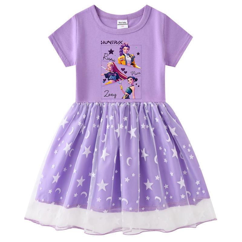 Korean-Style Kpop Demon Slayer Mesh Princess Dress for Kids - Short Sleeve for Summer, Long Sleeve for Spring/Autumn