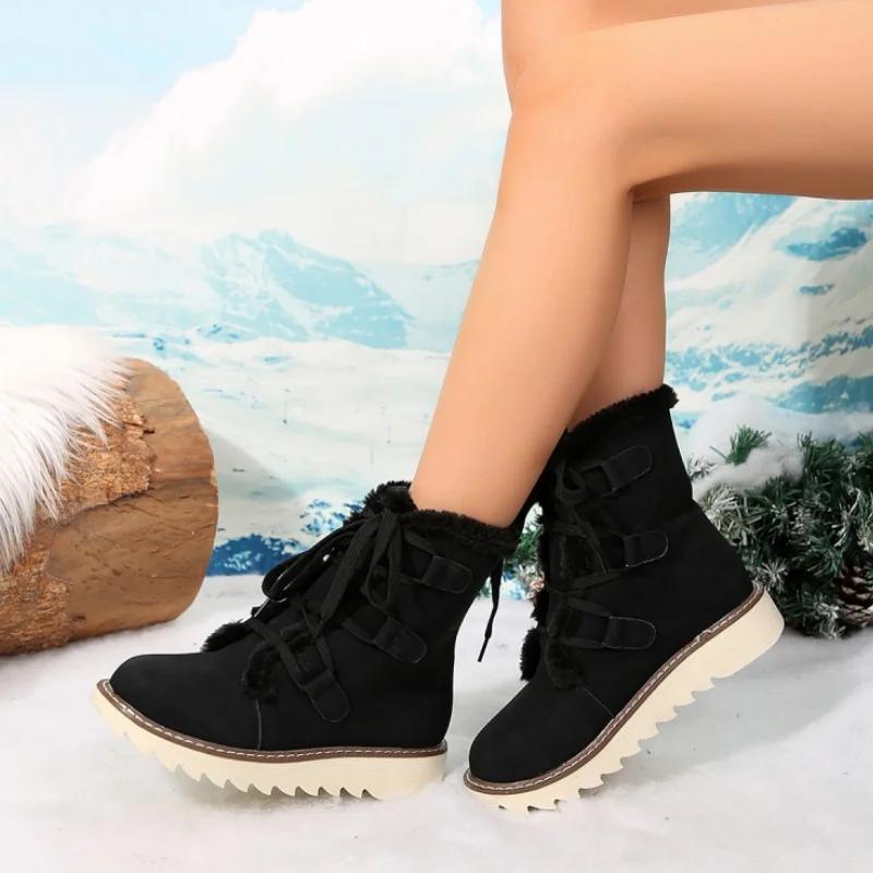 

Зимние высокие теплые ботинки для снега с круглым носком и плоской подошвой. Новый стиль. Модные и удобные повседневные короткие ботинки большого размера на шнуровке. 36