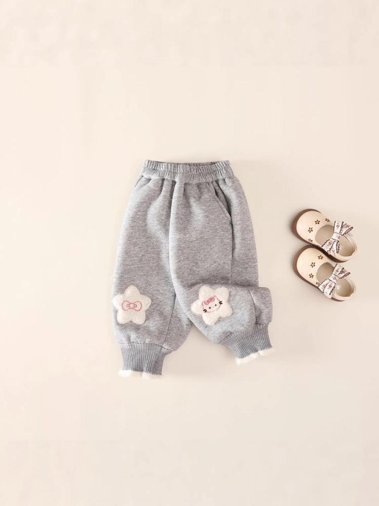 Girls' Winter Velvet-Lined Trousers – Thick, Cuffed, Cartoon Design, Warm Sweatpants for Autumn/Winter.