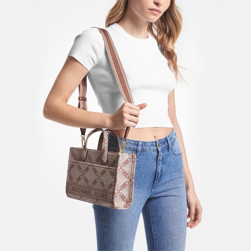 MICHAEL KORS Gigi Fabric Handbag Small Women's Beige & Leather Brown 30S3G3GM5J-969