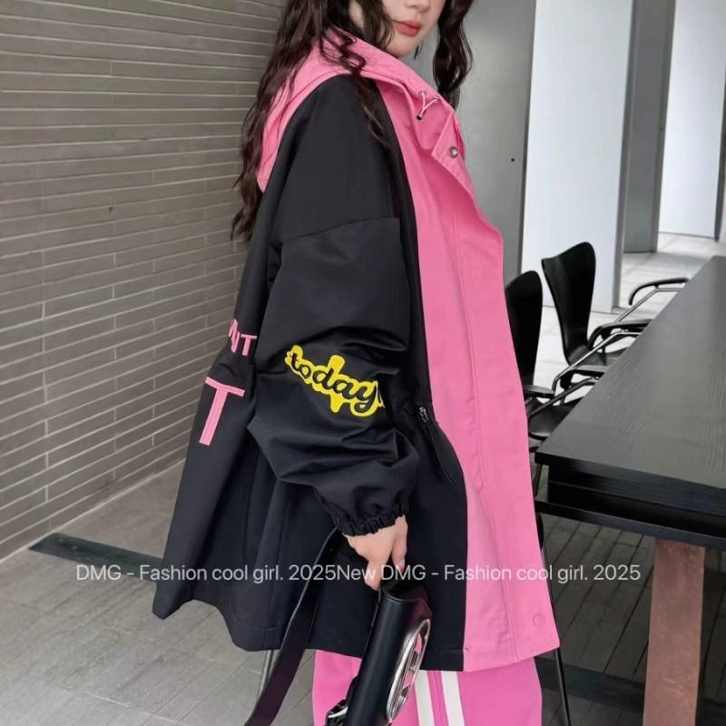 Womens Trench Coat 2026 Hooded Embroidered Streetwear Loose Fit Mid Length Jacket