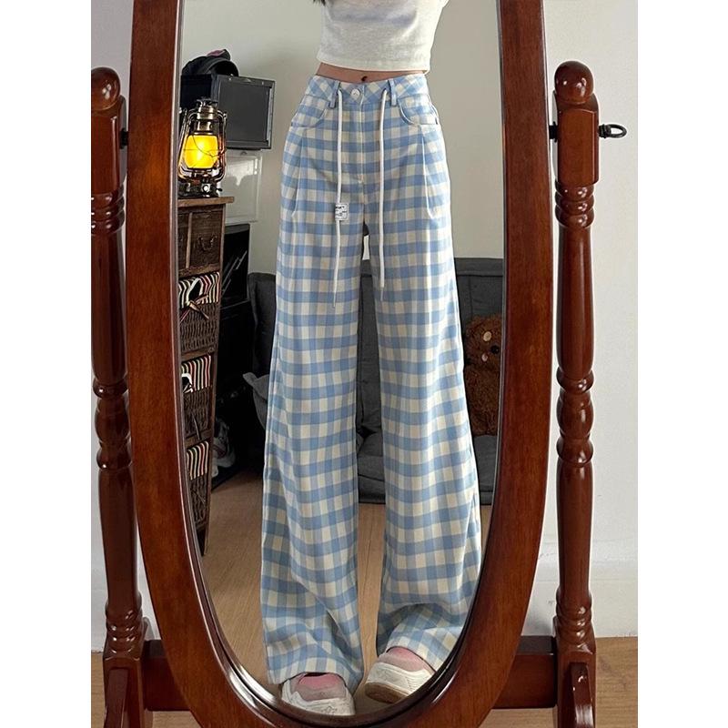 2024 Trendy Blue Plaid High-Waisted Wide-Leg Casual Pants for Women