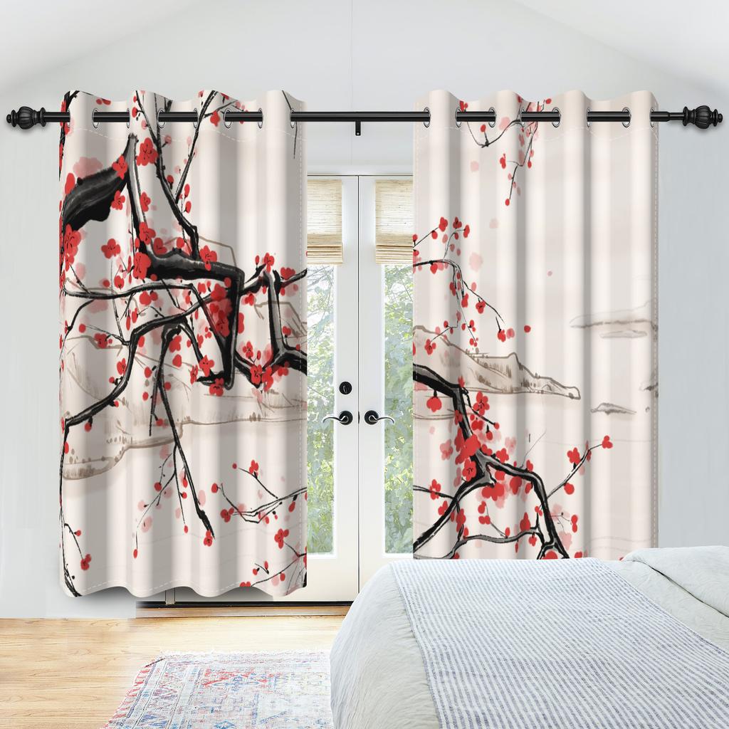 2pcs/Set Cherry Blossom Window Curtain Japanese Scenery Mount Fuji Sun Bedroom Living Room Polyester Blackout Soundproof Curtain