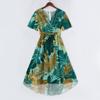 Women V Neck Short Sleeve Casual Dress Retro Floral Print Midi Dress Lightweight Summer Dress with Flared Skirt