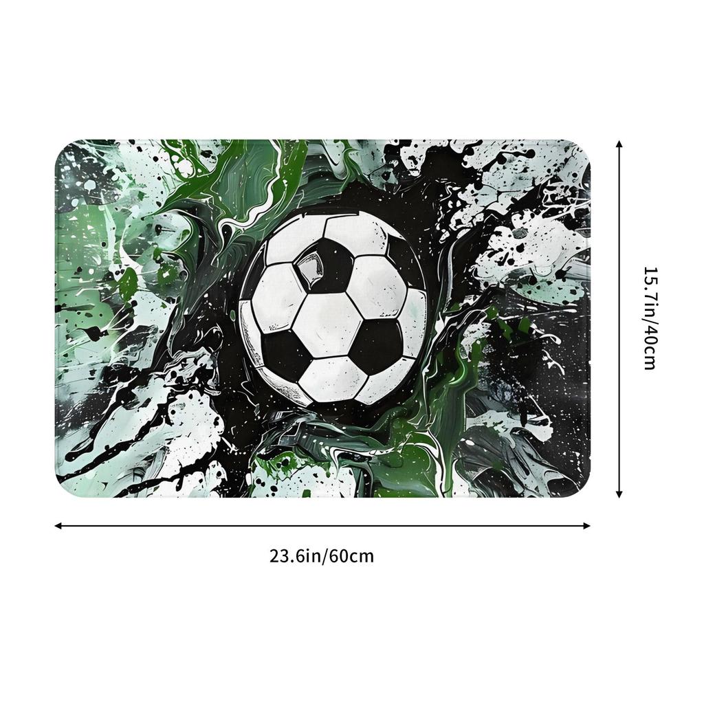 Abstract Football Art Doormat Black Green White Printed Polyester Machine Washable Cold Water Only 80x50cm