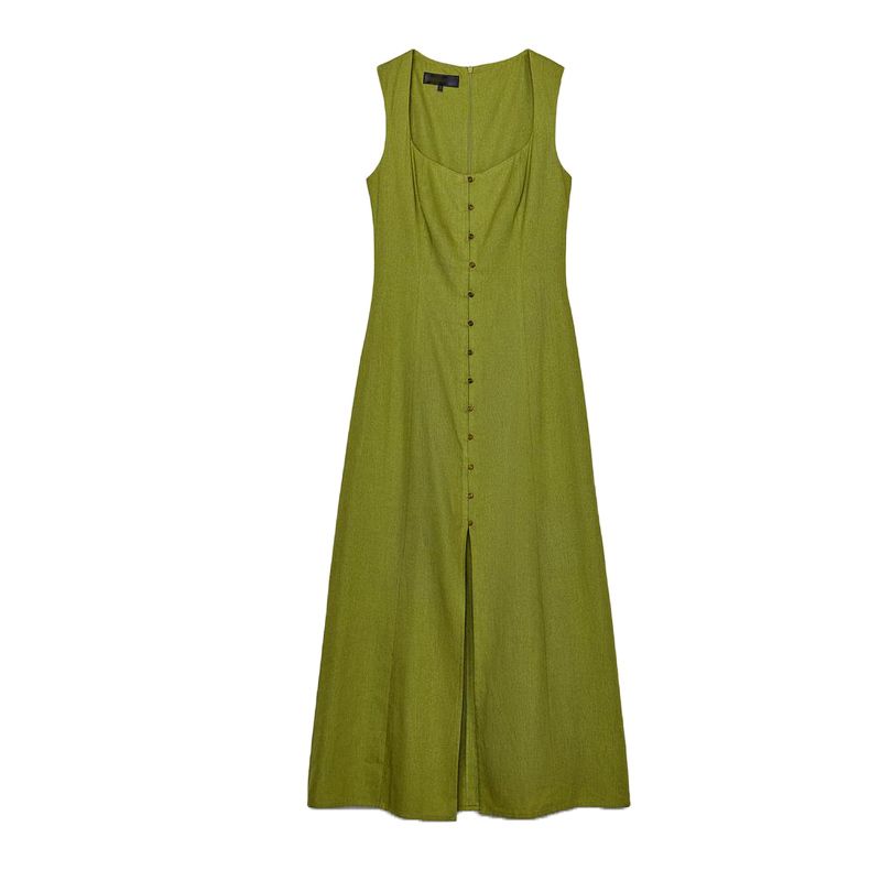 Summer Women's Clothing Decorated Row Button Slit Hemline At Hem Sleeveless Square Collar Linen Blend Midi Skirt Dress 6962029