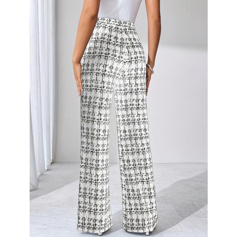 [Stretchy Flare Pants] High-Waisted Stretchy Women's Black and White Plaid Flare Pants | Casual Pants for Spring/Summer/Fall | Glossy Finish Pant