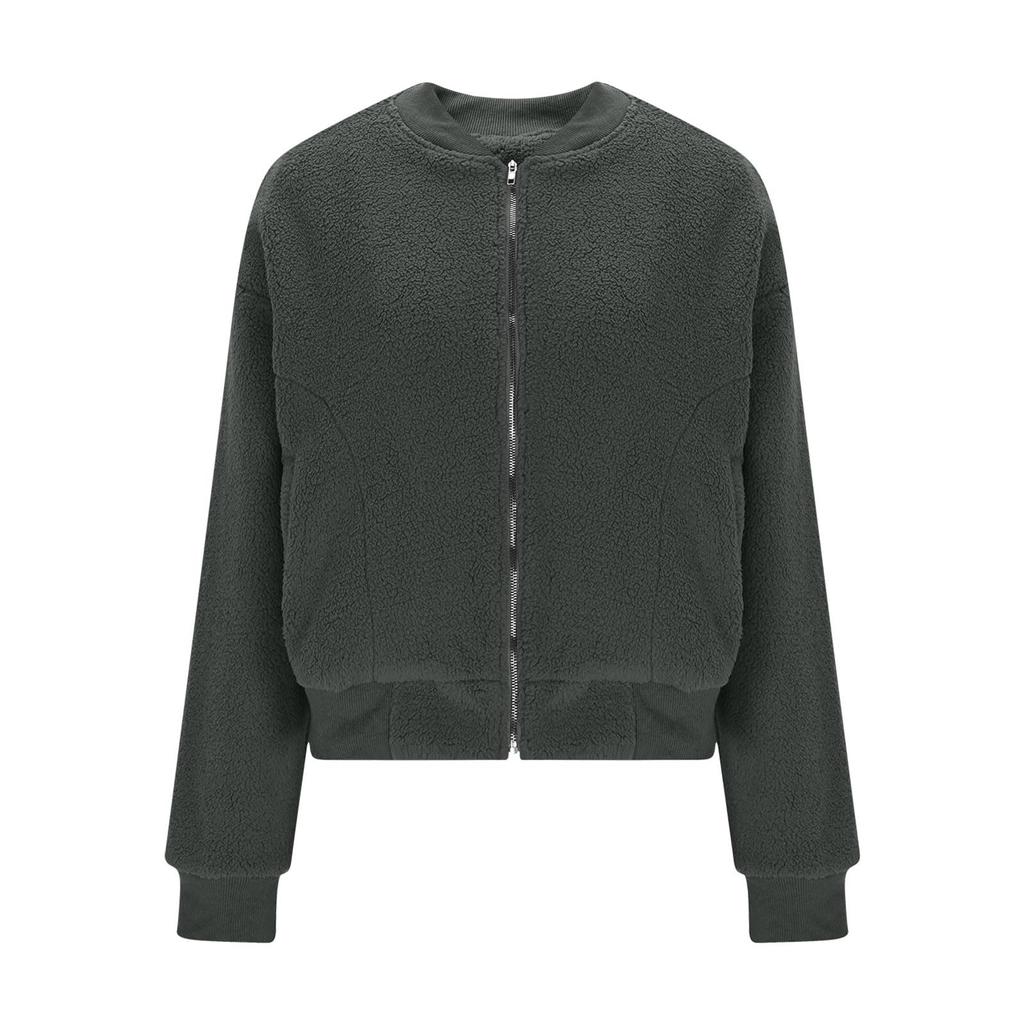 Damski płaszcz w jednolitym kolorze, z okrągłym dekoltem, zamkiem błyskawicznym, długim rękawem i kieszenią, swobodny, pluszowy