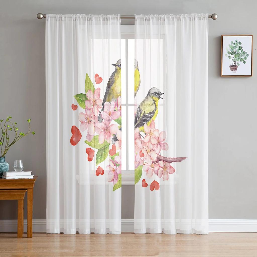 Birdie Leaves Plant Animal Modern Tulle Curtains For Living Room Bedroom Home Kitchen Window Sheer Curtains