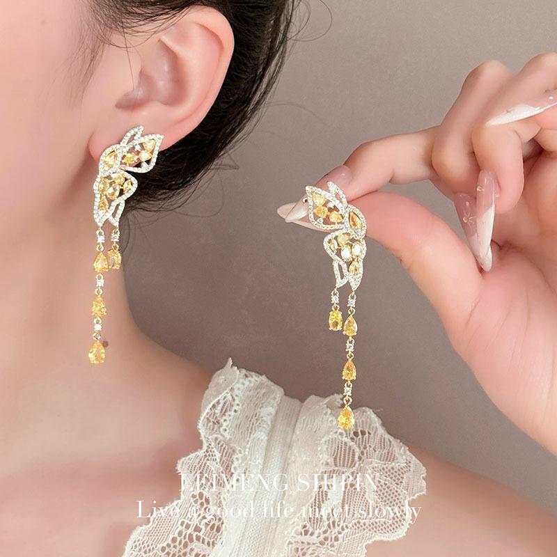 Long Butterfly Fringed Earrings To Modify The Face, Temperament Flying Together, Light Luxury High-end Dress, Blue Earrings