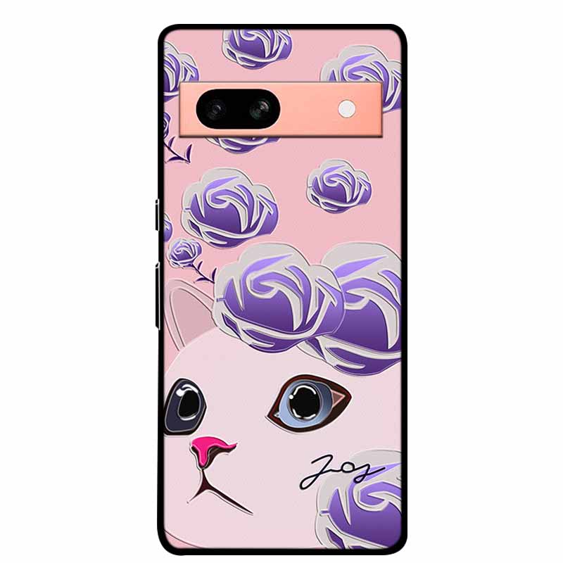 3D Flowers Case For Google Pixel 7a 5G Case Emboss Relief Floral Black Silicone Soft Back Covers For Google Pixel 7a Case Fundas