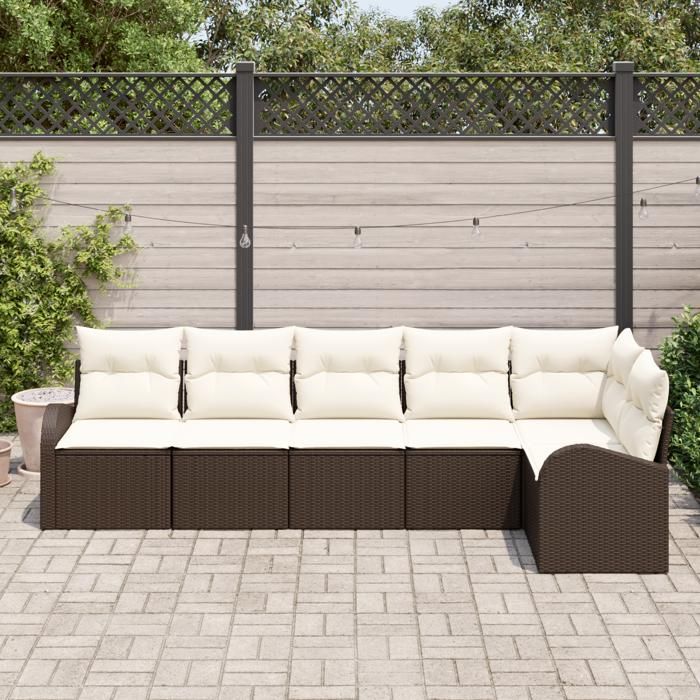 Ensemble de canapé de jardin 6 pièces avec coussins en rotin poly marron, Canapé de jardin 2 places avec rangement 3354727