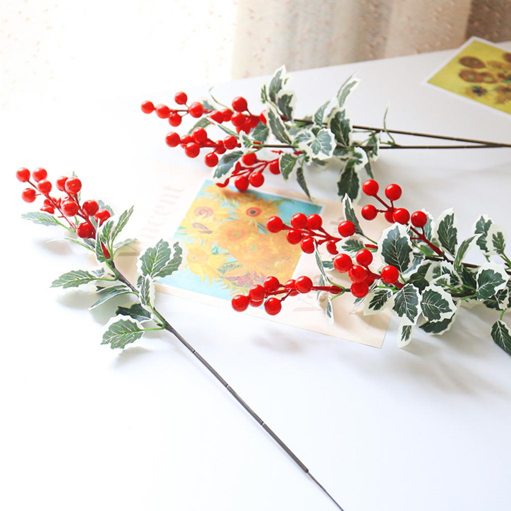 5pc Simulation 7-Pronged Red Fruit Christmas Leaf, Single Christmas Decoration Artificial Flower, Home Dining Table Flower Arrangement, Money Fruit